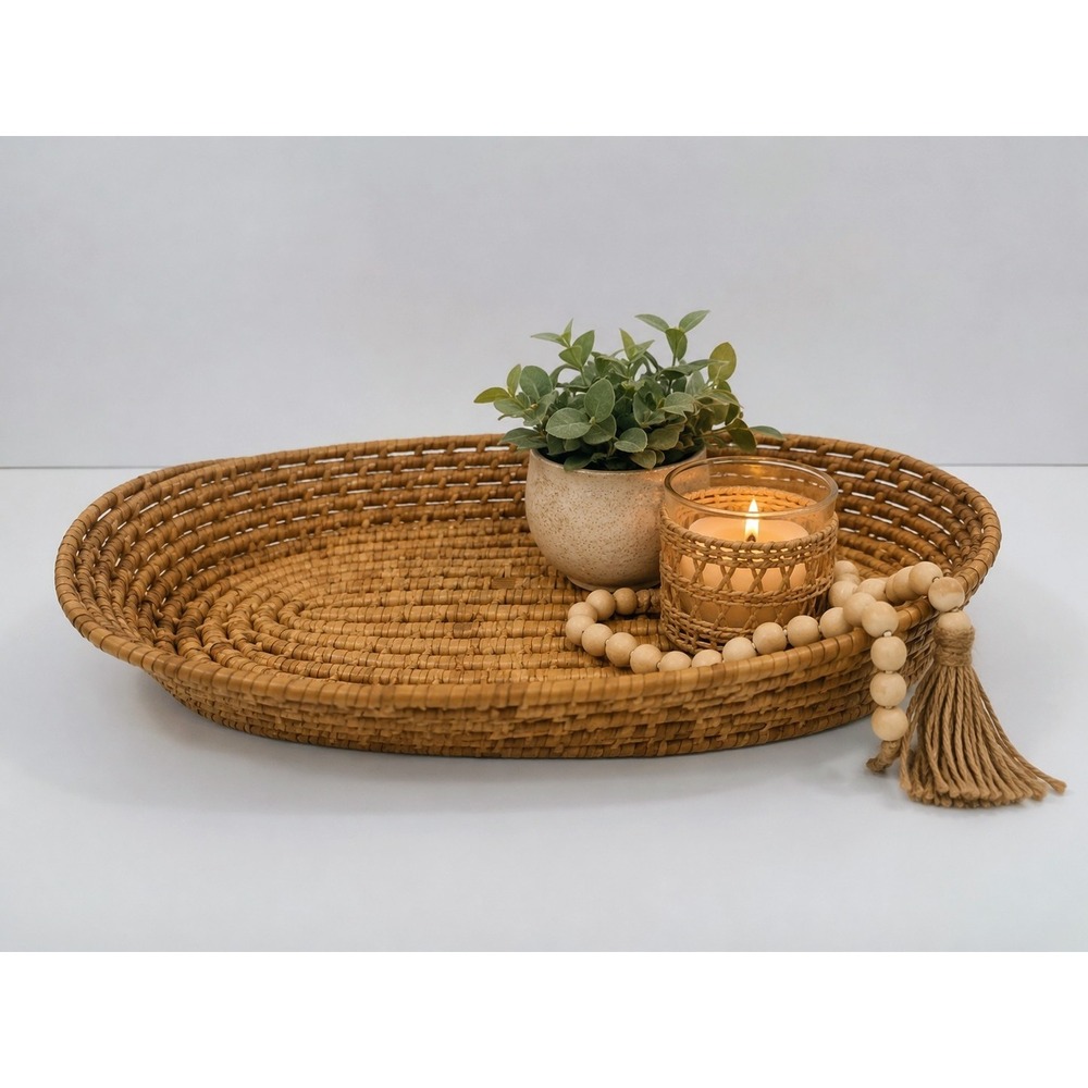 Woven Basket Tray Oval Natural Fiber Rustic Boho Farmhouse Decor